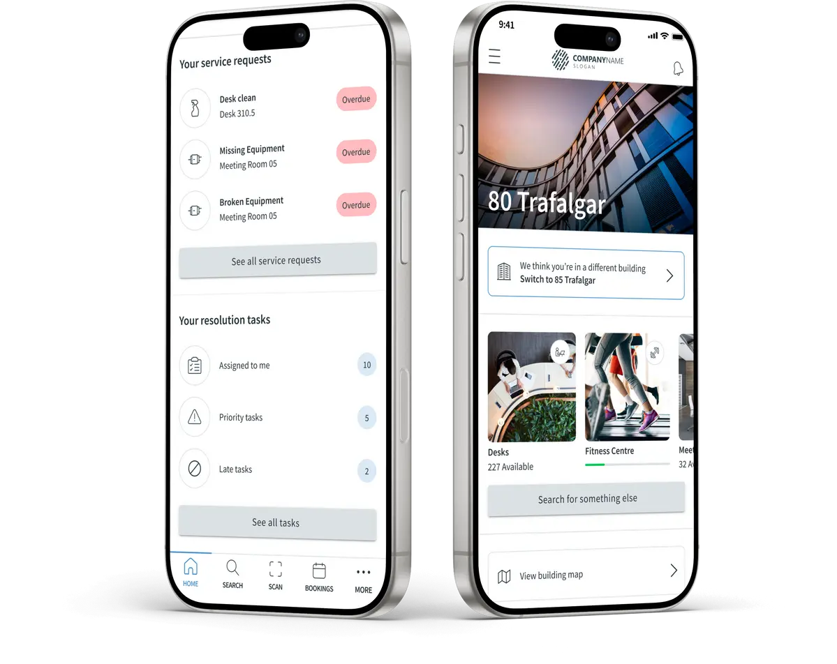 Dos celulares con la app de IBSS para reservas y servicios del edificio